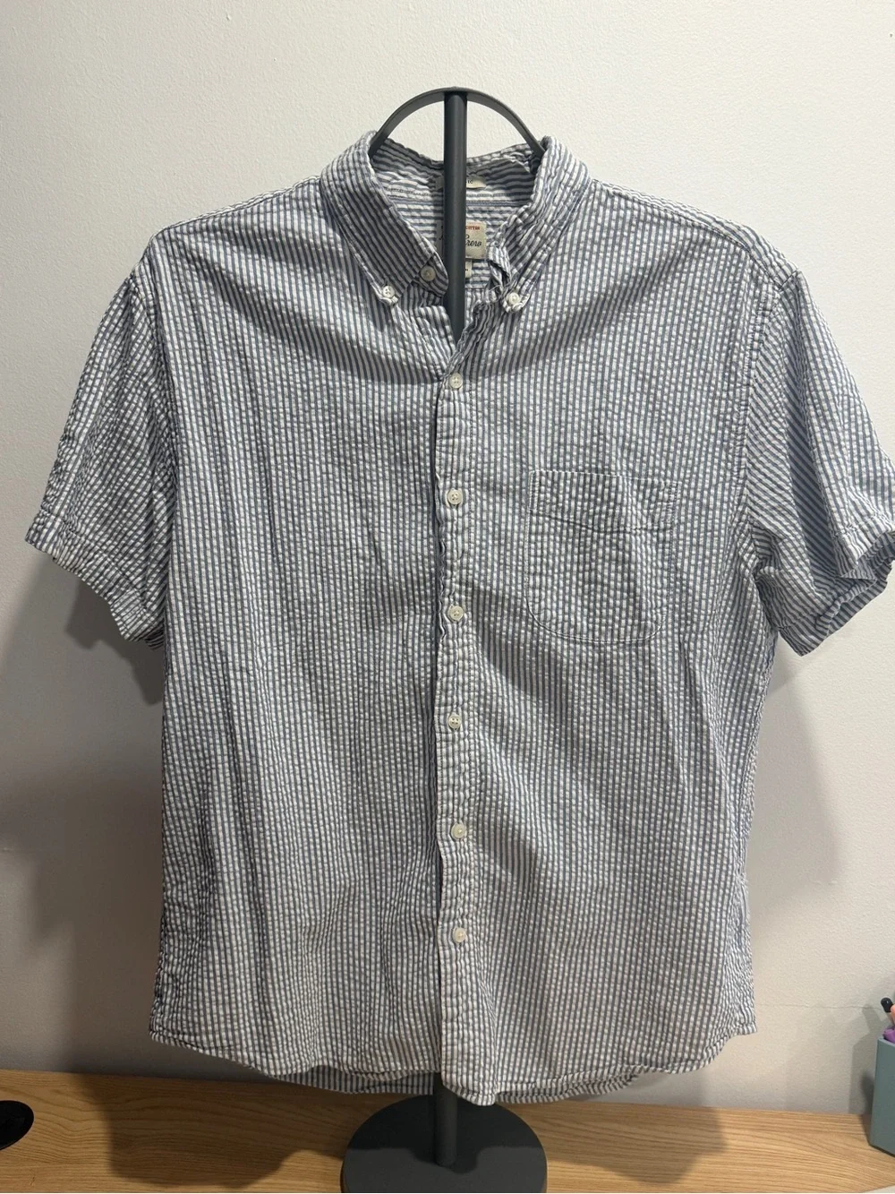 J. Crew Blue and White Striped Seersucker Short-Sleeve Button-Down